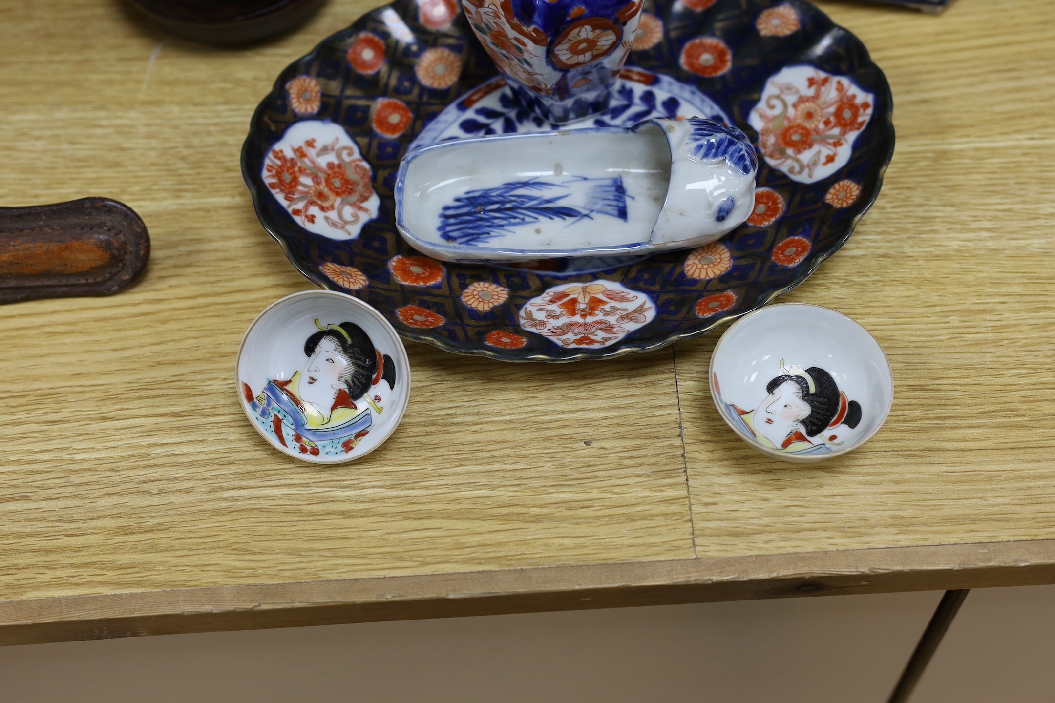 An early 20th century Chinese blue and white prunus vase, group of Chinese, Japanese porcelain Rex Hotel tureens, soapstone wine pot etc